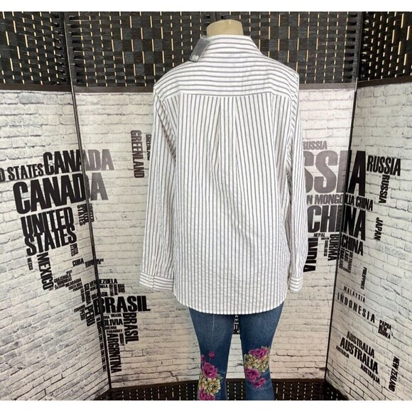 Torrid 1 Vanilla Slate Blue Vertical Striped Button Collar Long Sleeve Shirt - Picture 3 of 5